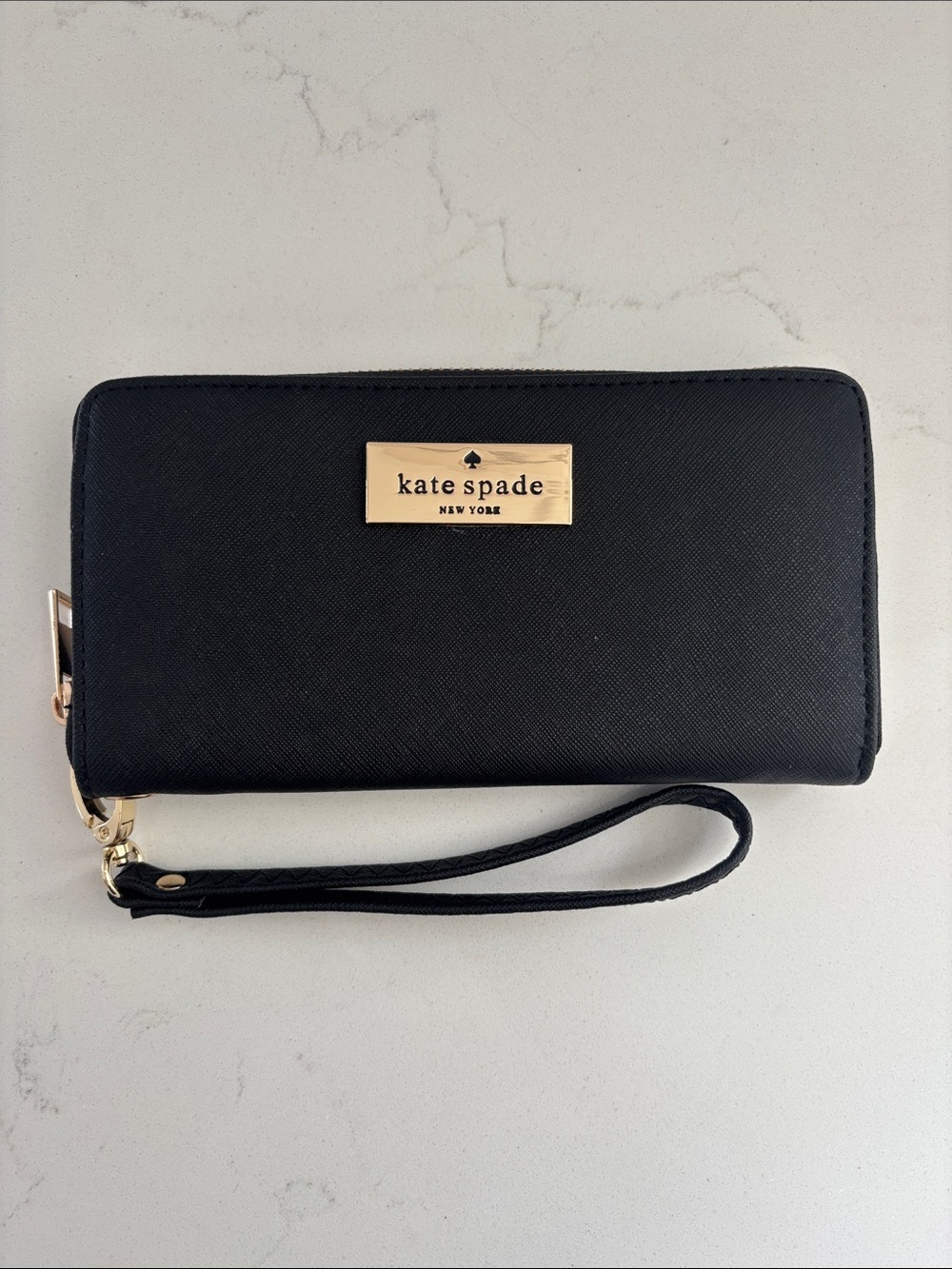 kate spade Black leather Zip-Around Wristlet with Gold Plaque